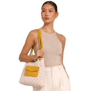 Craie Studio | Sunflower Yellow Leather & White Macrame-Cotton Blend Weave Bag